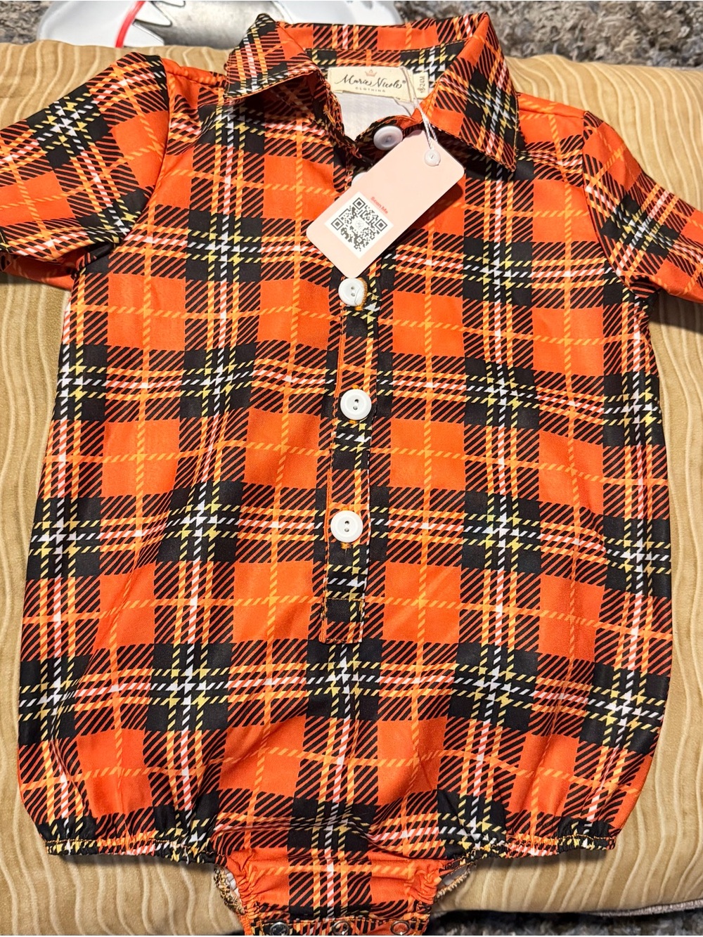Marie Nicole Orange Plaid Button-Front Baby Shirt romper